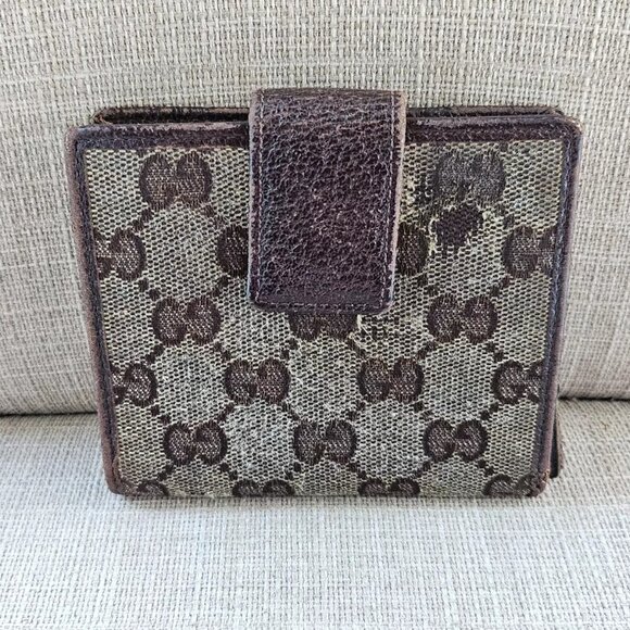 Auth Gucci Card Holder Brown Leather Canvas GG Logo Bifold Wallet made in Italy - Picture 1 of 13
